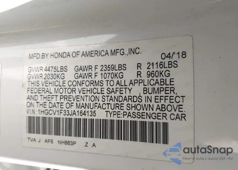 2018 Honda Accord Sport z USA, uszkodzony, nr VIN 1HGCV1F33JA164135